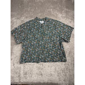 Vtg Green Floral Cropped Button Up Shirt Size 20W Cotton Cottagecore Grannycore